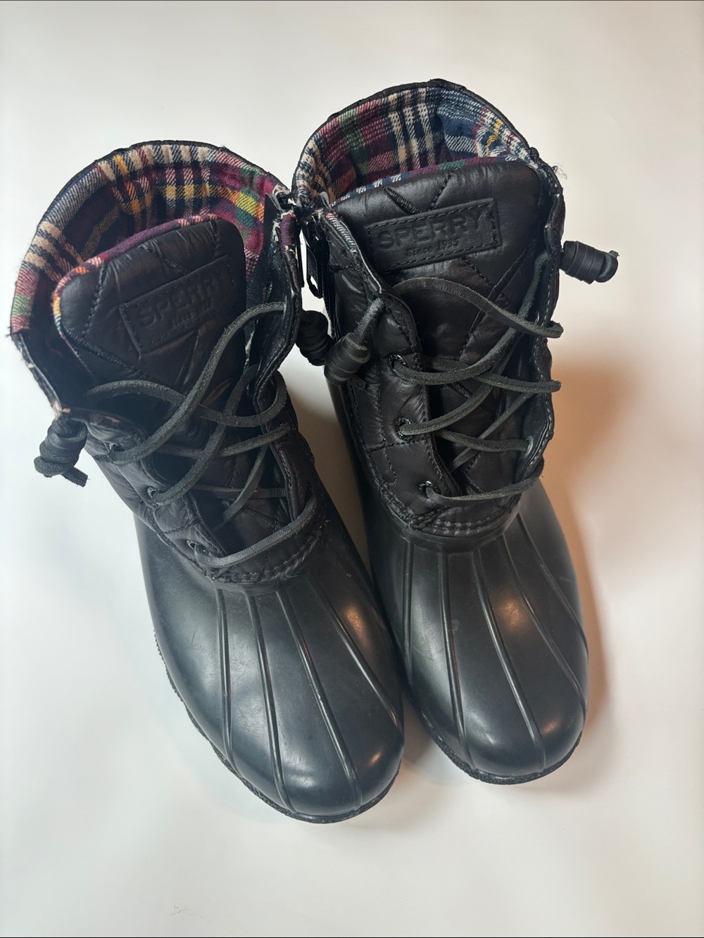 Sperry woman’s Black Rain Duck Boots with Plaid Lining
